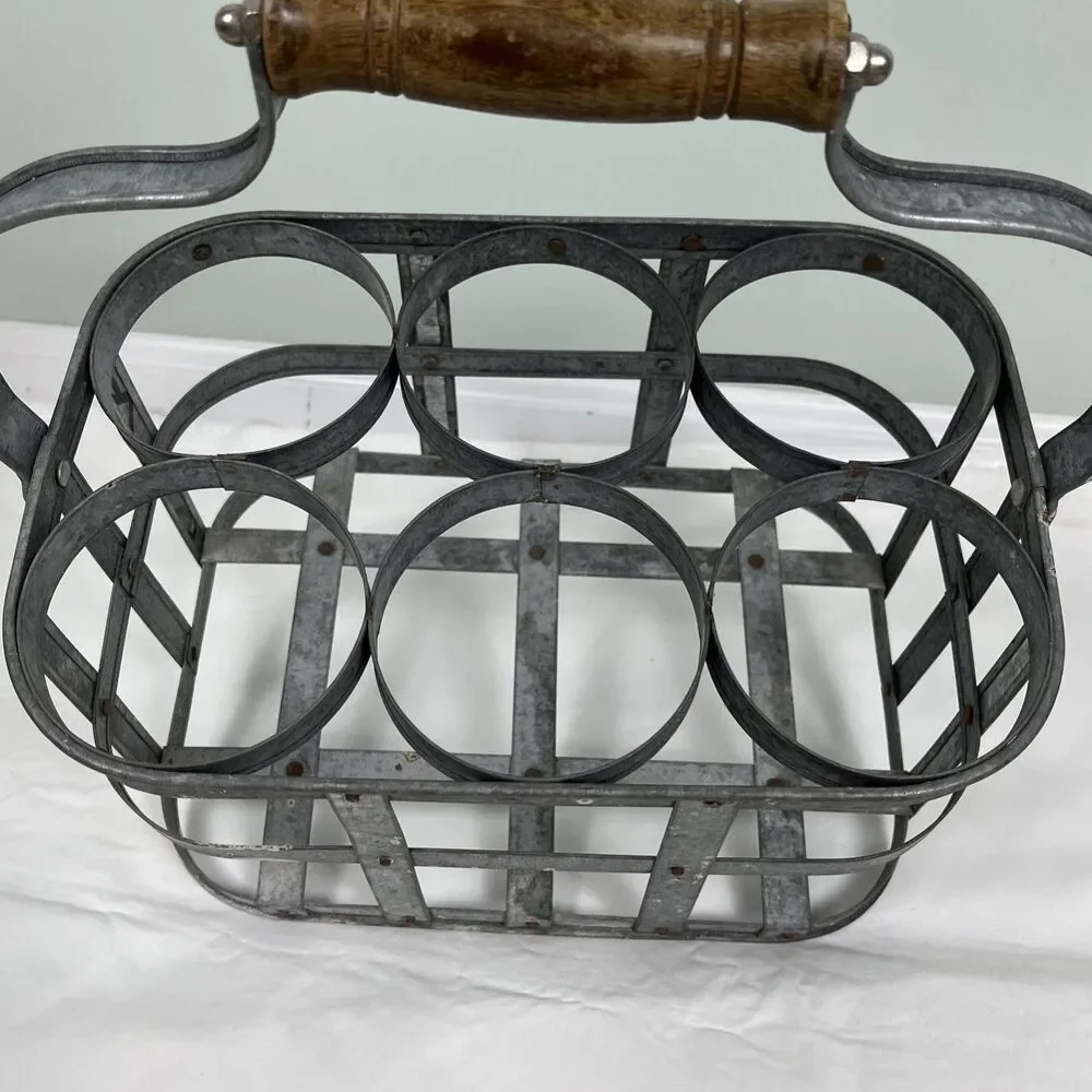 VTG Galvanized Metal 6 Bottle Caddy Carrier Wood Handle Patina Rustic Cottage